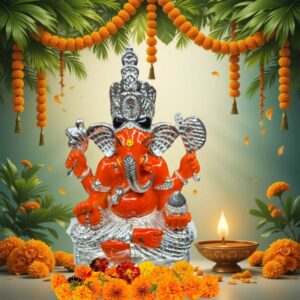 Silver Plated Ganesh Idol with Orange Attire